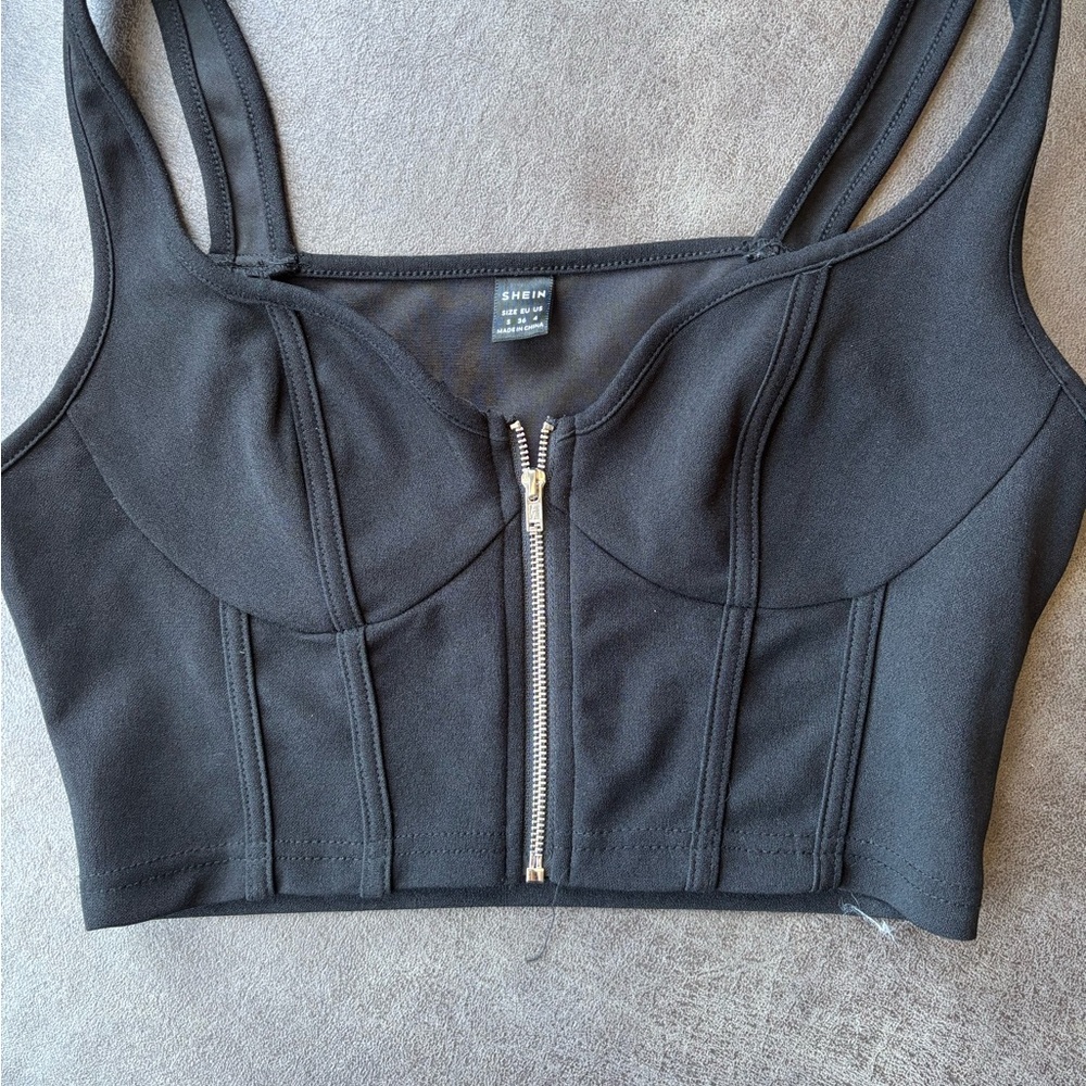 SHEIN Black Bustier Crop Top with Silver Zip